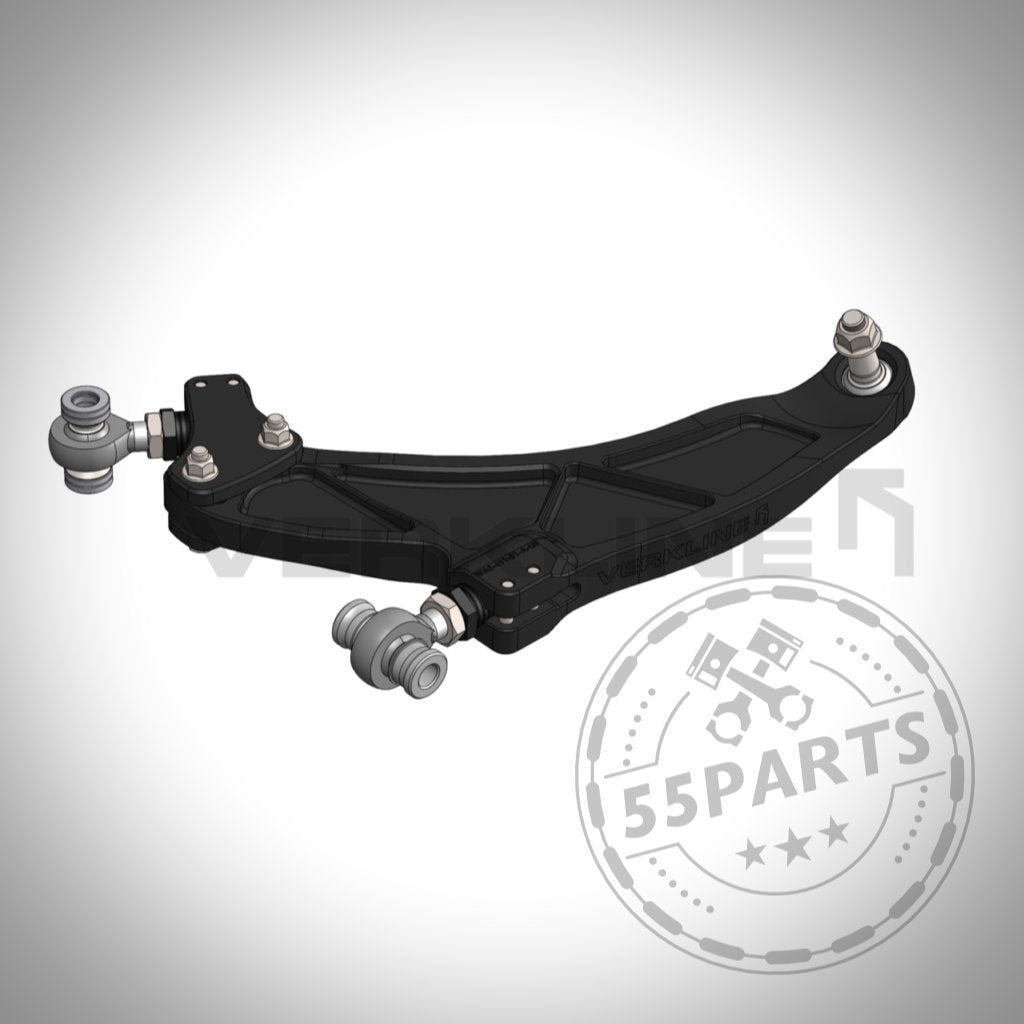 3D-gerendertes VERKLINE Unterer Dreieckslenker vorne, verstellbar mit Uniballgelenken für Toyota Yaris GR, auf hellem Hintergrund mit 55Parts Logo – perfekt für Yaris GR Enthusiasten und Tuning-Upgrades.