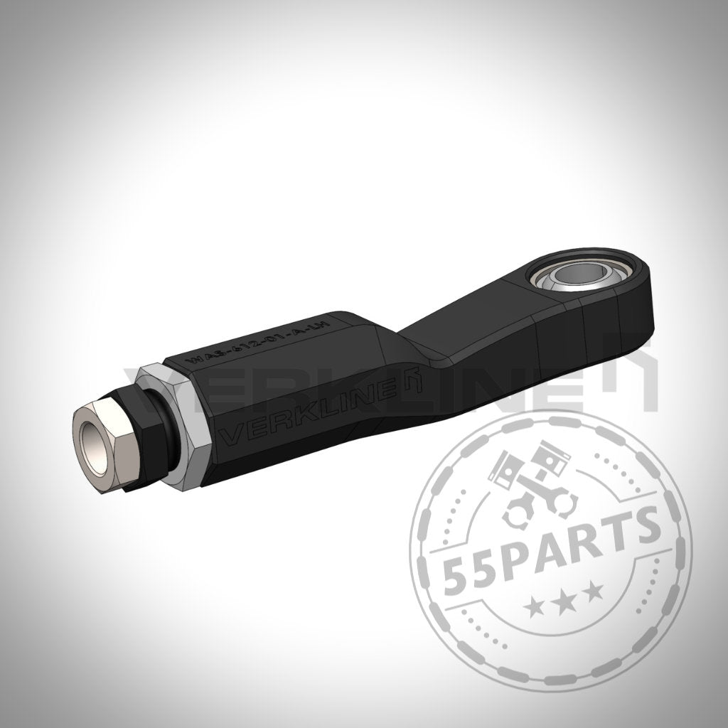 3D-Rendering von VERKLINE Verstellbaren Spurstangenköpfen mit Uniball Gelenk für Toyota Yaris GR, dargestellt in Schwarz mit Schraube und Buchse, einem beliebten Upgrade-Teil von VERKLINE für Tuning-Enthusiasten.