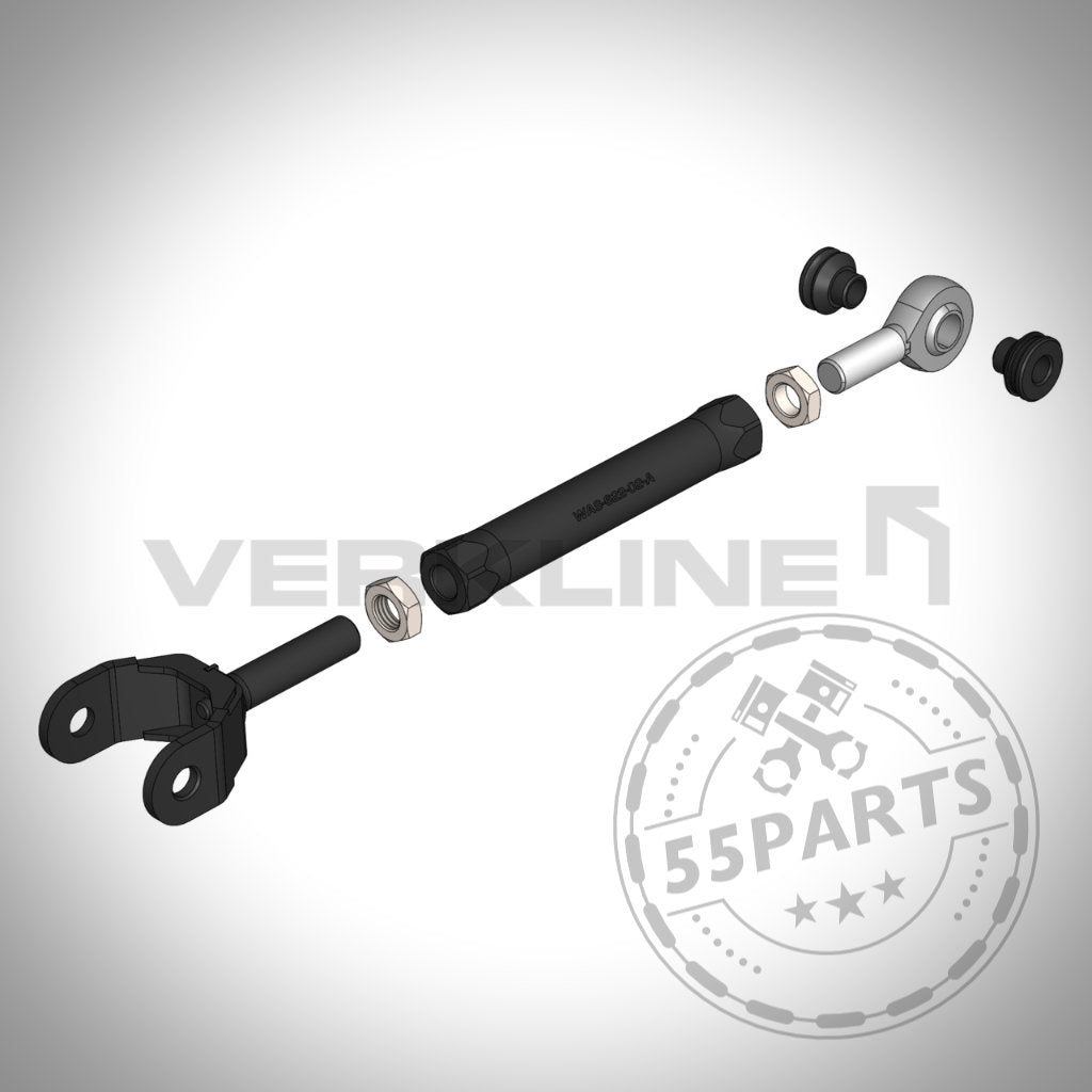 Explosionszeichnung des VERKLINE Verstellbarer Uniball (Spur)Lenker-Kits für Toyota Yaris GR, einschließlich Schrauben, Muttern und Buchsen aus hochwertigem 7075er Aluminium von VERKLINE, dargestellt auf weißem Hintergrund.