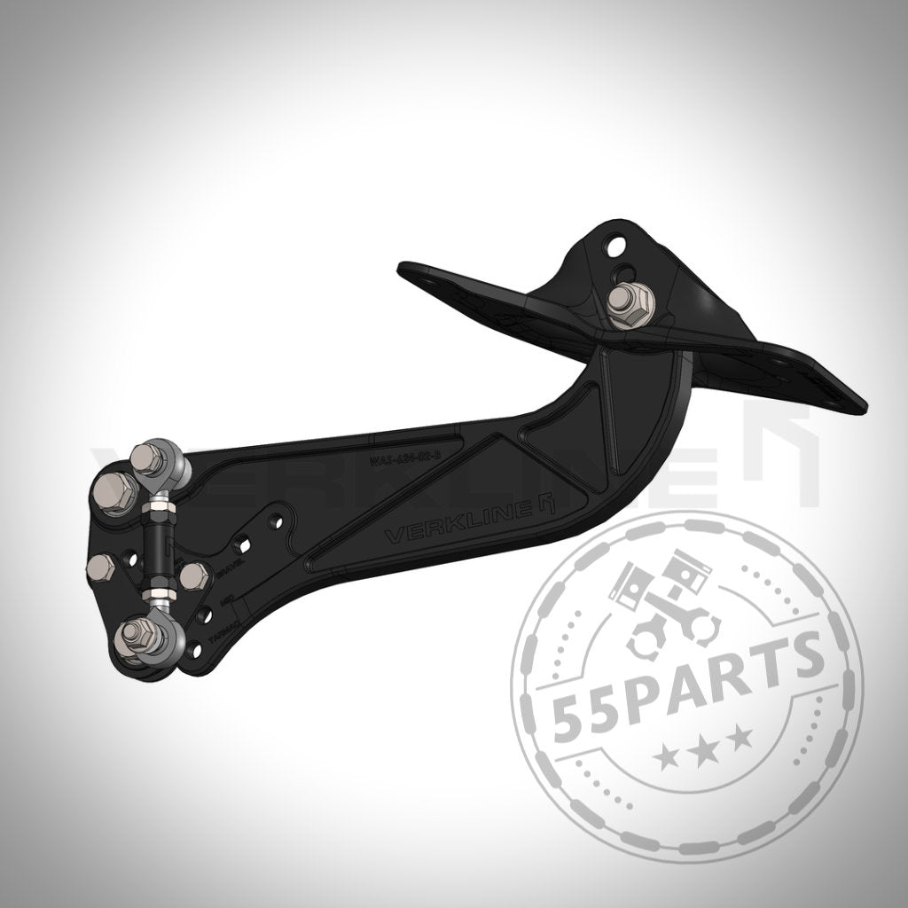 VERKLINE hinterer einstellbarer Längslenker, passend für Toyota Yaris GR, aus schwarzem Metall mit Bolzen. Abgebildet auf weißem Hintergrund mit VERKLINE-Logo-Wasserzeichen; Ideal für Performance-Tuning.