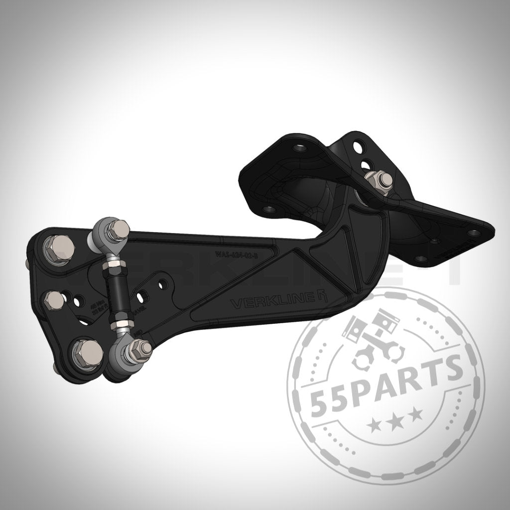 3D-gerenderter schwarzer VERKLINE hinterer einstellbarer Längslenker für Toyota Yaris GR, mit Schrauben und Teilenummer WL-434-023. Ideal für Rallye-Ableger und Tuning-Shop-Anwendungen.