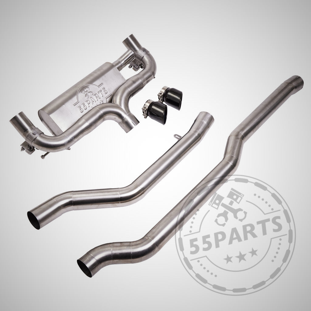55Parts &amp; MH-PIPES 3,5&quot; ECE-Edelstahl-Ventilauspuffanlage für alle B58 BMW-Modelle (OHNE OPF und OPF) inkl. Toyota Supra, Doppelendrohr, Logo auf hellem Hintergrund sichtbar.
