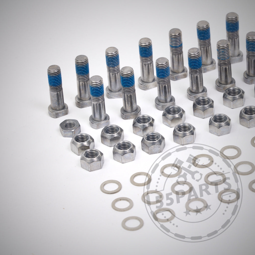 55Parts Spezial-Schraubensatz/Bobbin-Kit passend für Aftermarket-Reibringe: Metallschrauben, -muttern und -scheiben in Reihen auf einer weißen Oberfläche mit einem schwachen Logo-Wasserzeichen angeordnet, ideal für Aftermarket-Bremsscheibenringe.
