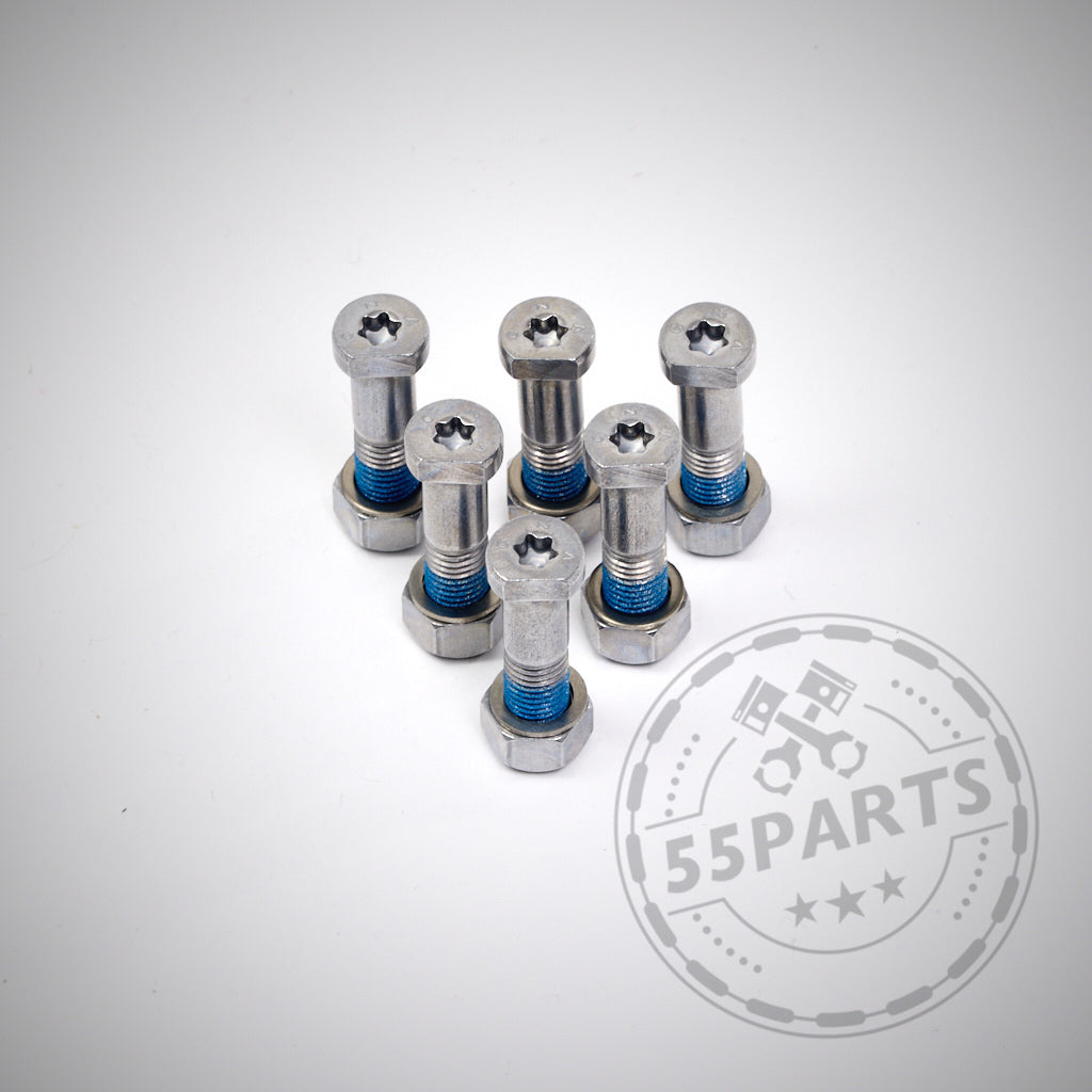 Sieben Metallschrauben mit blauem Schraubensicherungsmittel aus dem 55Parts Spezial-Schraubensatz/Bobbin-Kit für Aftermarket-Reibringe, in einer Gruppe angeordnet, darunter ein 55Parts-Logo-Wasserzeichen.