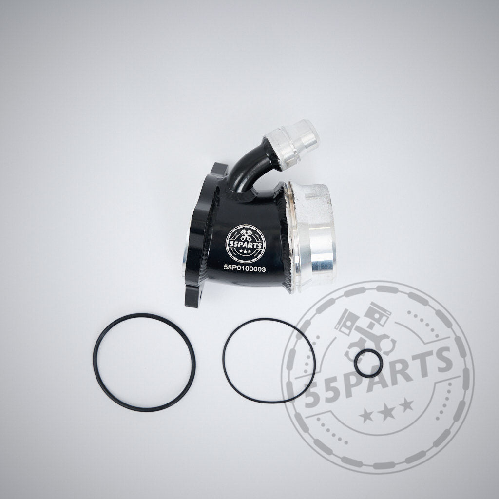Das 55Parts Special High Flow Turbo Inlet Reinluftrohr, abgebildet in Schwarz und Silber mit drei schwarzen O-Ringen, passt für BMW B58 Gen 2 M240i, M340i, M440i, Z4 40i und Supra MK5 – perfekt für Turbo-Upgrades oder B58-Tuning.