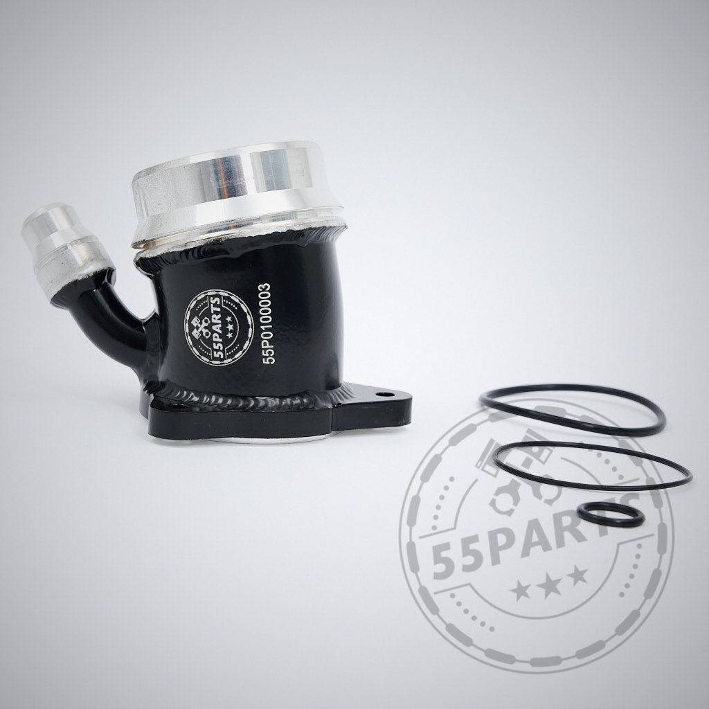 Schwarz-silbernes 55Parts Special High Flow Turbo Inlet Reinluftrohr mit drei O-Ringen und Logo, konzipiert für BMW B58 Gen 2 M240i, M340i, M440i, Z4 40i, Supra MK5; ideal für Tuning und Turbo-Upgrades.