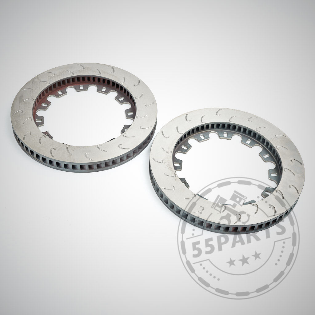 Zwei runde J-Hook Reibringe aus Metall von 55Parts Special (378x36, Float in der Scheibe, ähnlich CP5772-2068/2069) für AP Racing Bremsanlagen sind auf hellgrauem Hintergrund abgebildet, perfekt für alle, die ihre BMW Bremsen nachrüsten.