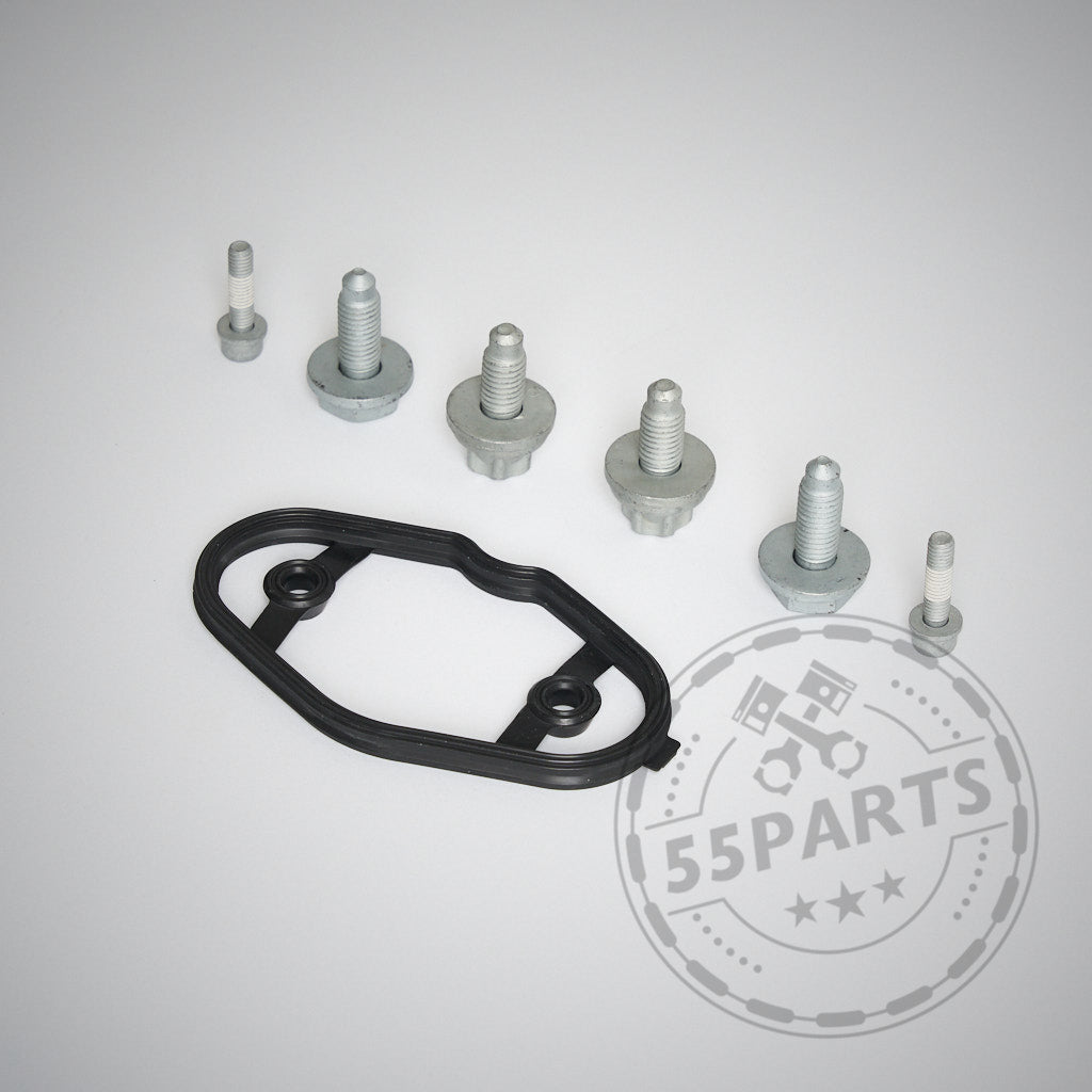 Sechs Metallschrauben und eine schwarze Gummidichtung aus dem 55Parts Einbauset Schraubenset B58 TU / Dorch Hochdruckpumpe passend für BMW 1er F2x, 2er F2x, 3er F3x, 4er F3x B58, angeordnet auf einer hellen Oberfläche mit einem dezenten 55Parts Logo-Wasserzeichen.
