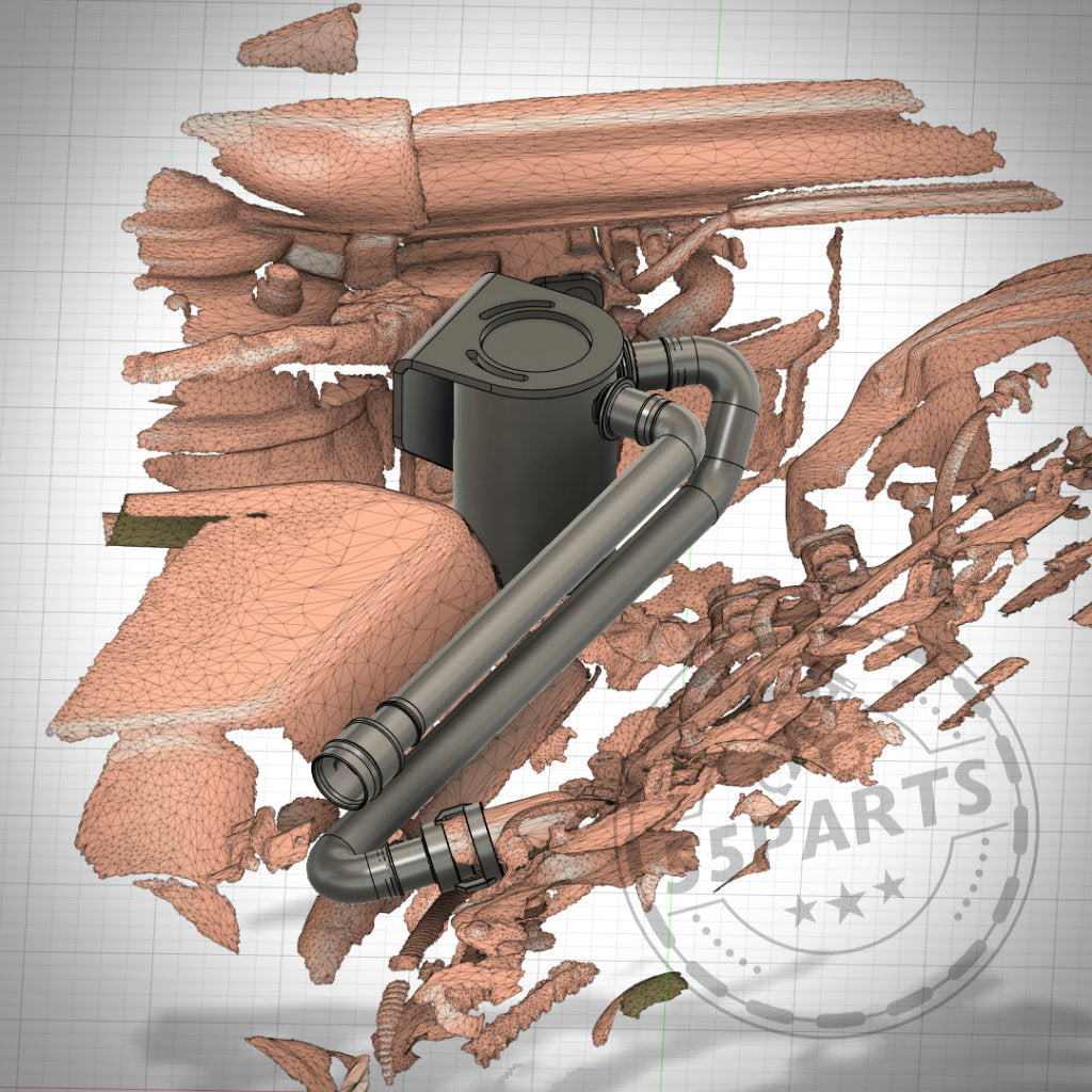Das 3D-Modell des exklusiven Ölauffangbehältersystems für die B58 F-Serie (M140i, M240i, 340i, 440i) & Bannik Engineering verfügt über fragmentierte Netzformen und ein „5 STARS“-Wasserzeichen auf einem Gitterhintergrund.
