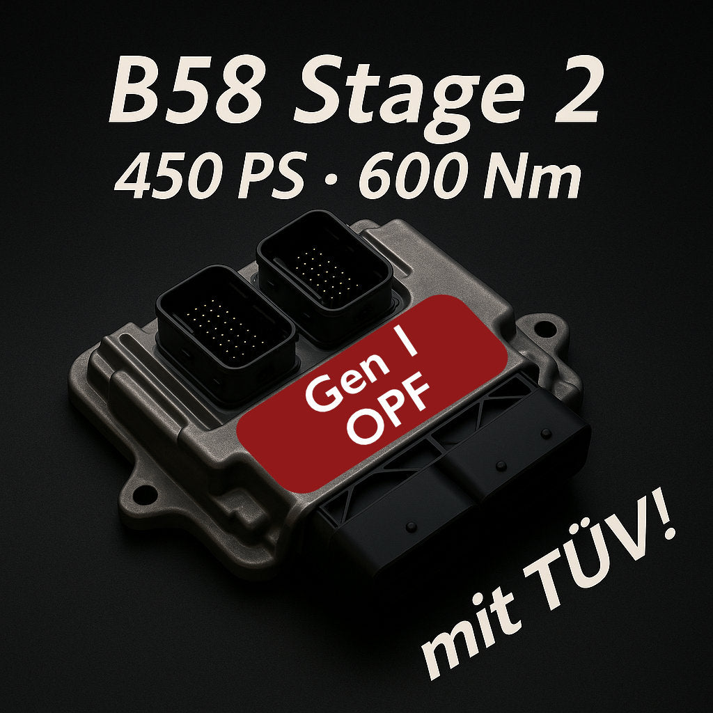 55Parts Legales Tuning: Stufe 2 für B58 Gen 1 MIT OPF - 450 PS / 600 Nm, MHD TÜV Kennfeld. Passend für BMW F20 F21 M140i, F22 F23 M240i, F30 F31 F32 340i, F33 F34 F36 440i. Optimiert fürs B58-Motor auf schwarzem Hintergrund.