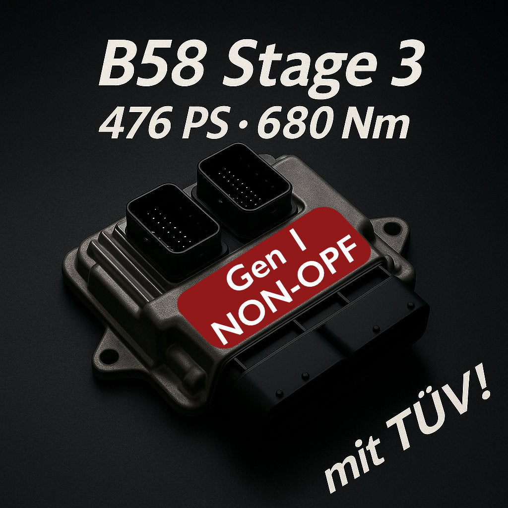 Legales Tuning von 55Parts: Stufe 3 für B58 Gen 1 OHNE OPF - 476 PS / 680 Nm, inkl. MHD TÜV Kennfeld und Upgrade-Turbolader, passend für BMW M140i, M240i, 340i &amp; 440i (F20-F36), mit TÜV-Zulassung.