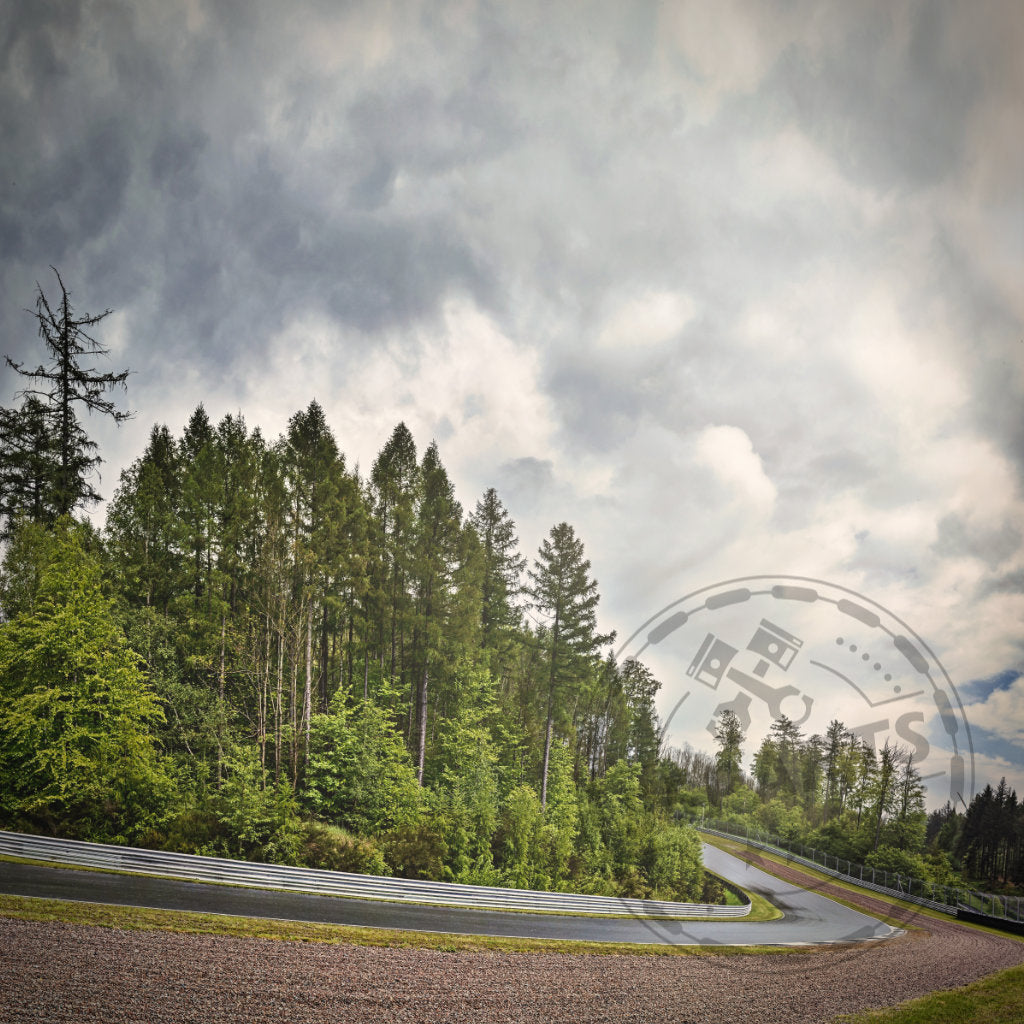 Eine kurvenreiche Rennstrecke schlängelt sich unter einem bewölkten Himmel durch üppig grüne Bäume – perfekt für Rennsportbegeisterte.