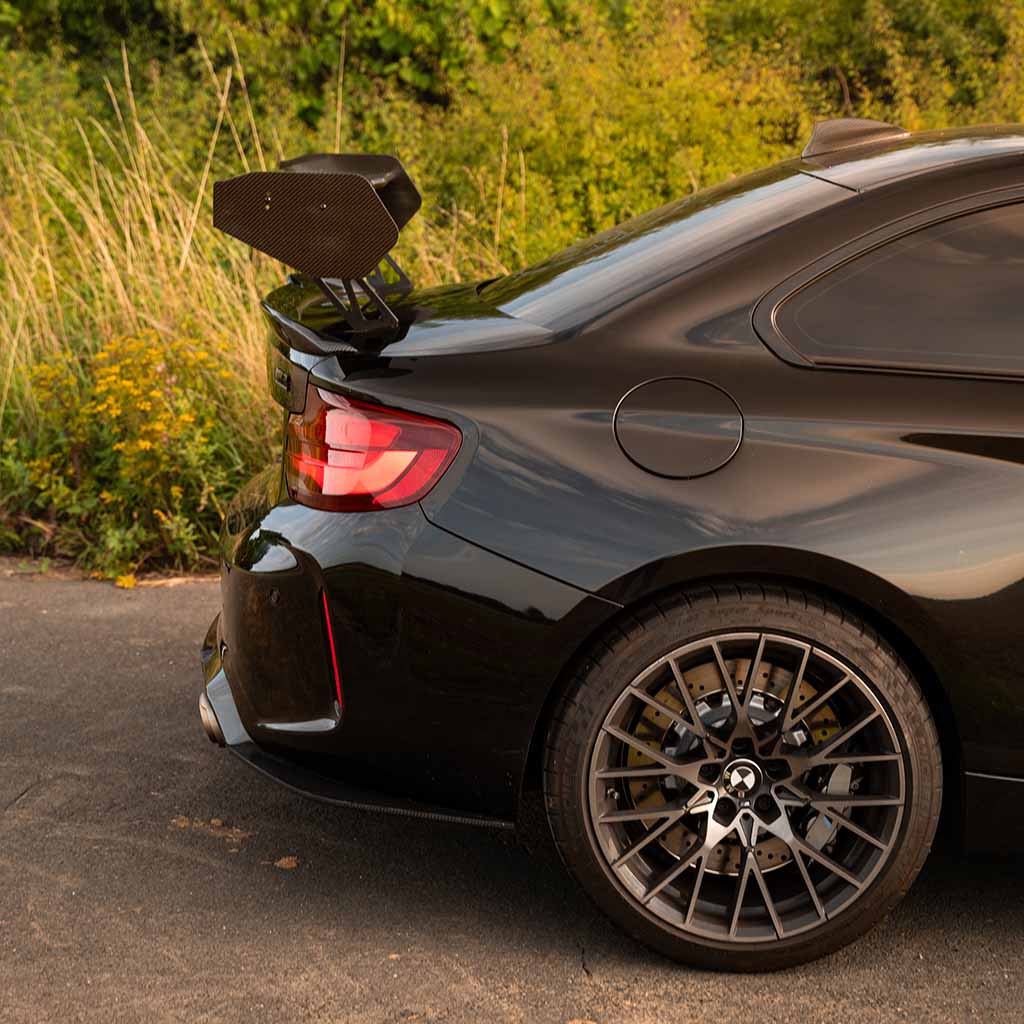 Heckansicht eines schwarzen BMW M2 Competition mit einem 55Parts Motorsport Carbon Heckspoiler Heckflügel passend für fast alle BMW Modelle, inklusive Teilegutachten, geparkt zwischen hohem Gras und Wildblumen.