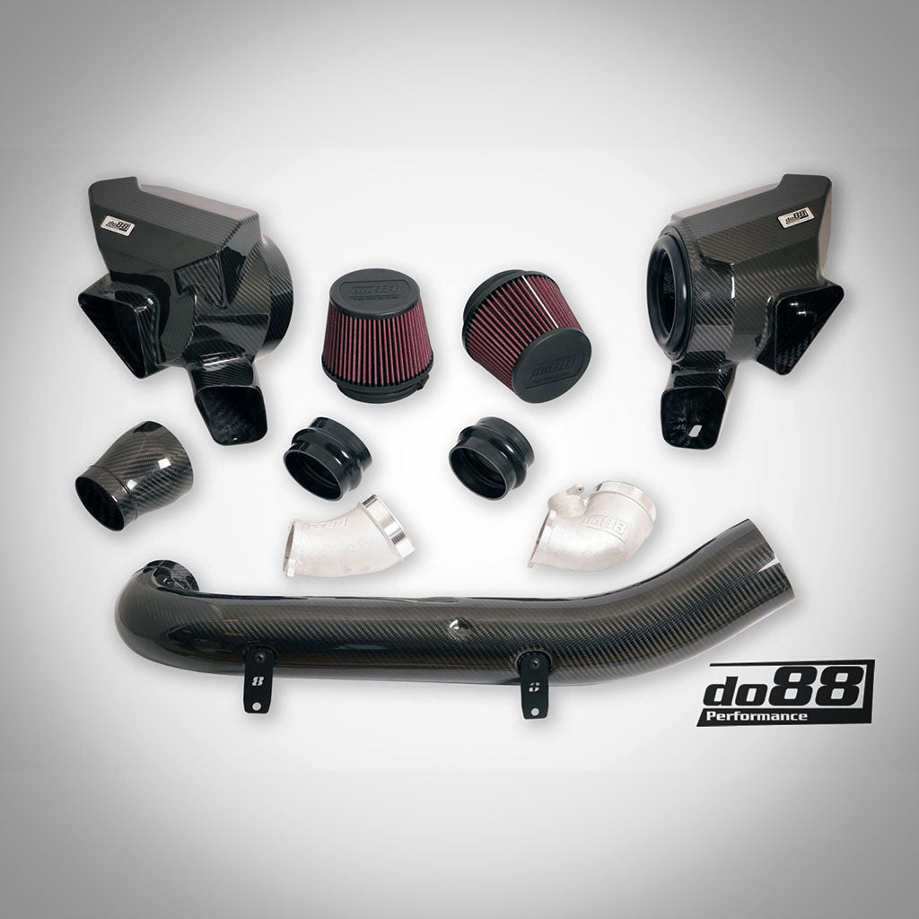 Do88 Ansaugsystem Dual Cone Intake passend für BMW G87 M2, G80/G81 M3, G82/G83 M4 S58, abgebildet mit Luftfiltern und Komponenten auf weißem Hintergrund mit dem do88-Logo.