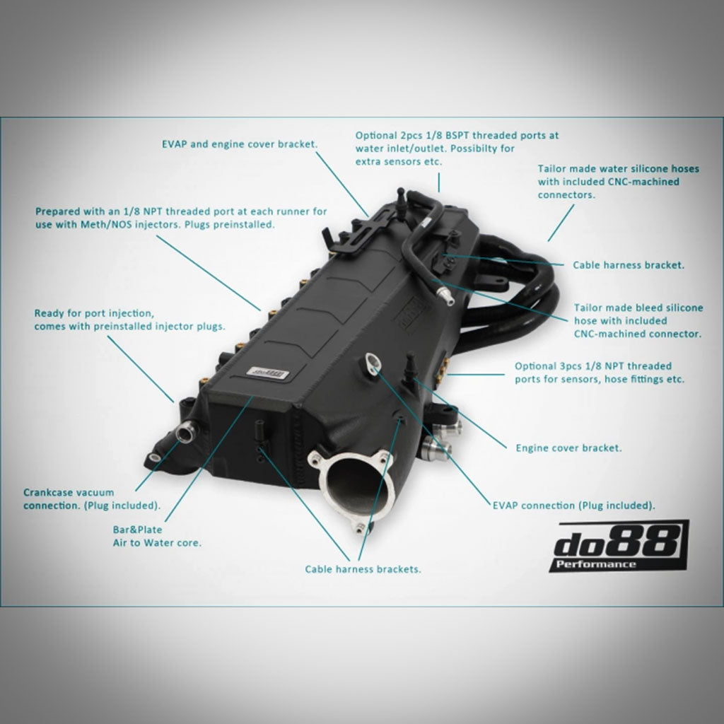 Die do88 „MERA“ Ansaugbrücke mit integriertem Ladeluftkühler für B58 Gen1 passt für F2X 1/2er, F3X 3/4er, G3X 5/6/7er, G01 X3 und G02 X4 – verfügt über deutlich beschriftete Anschlüsse in einem schwarzen Aluminiumdesign, perfekt für ein FBO-Setup.