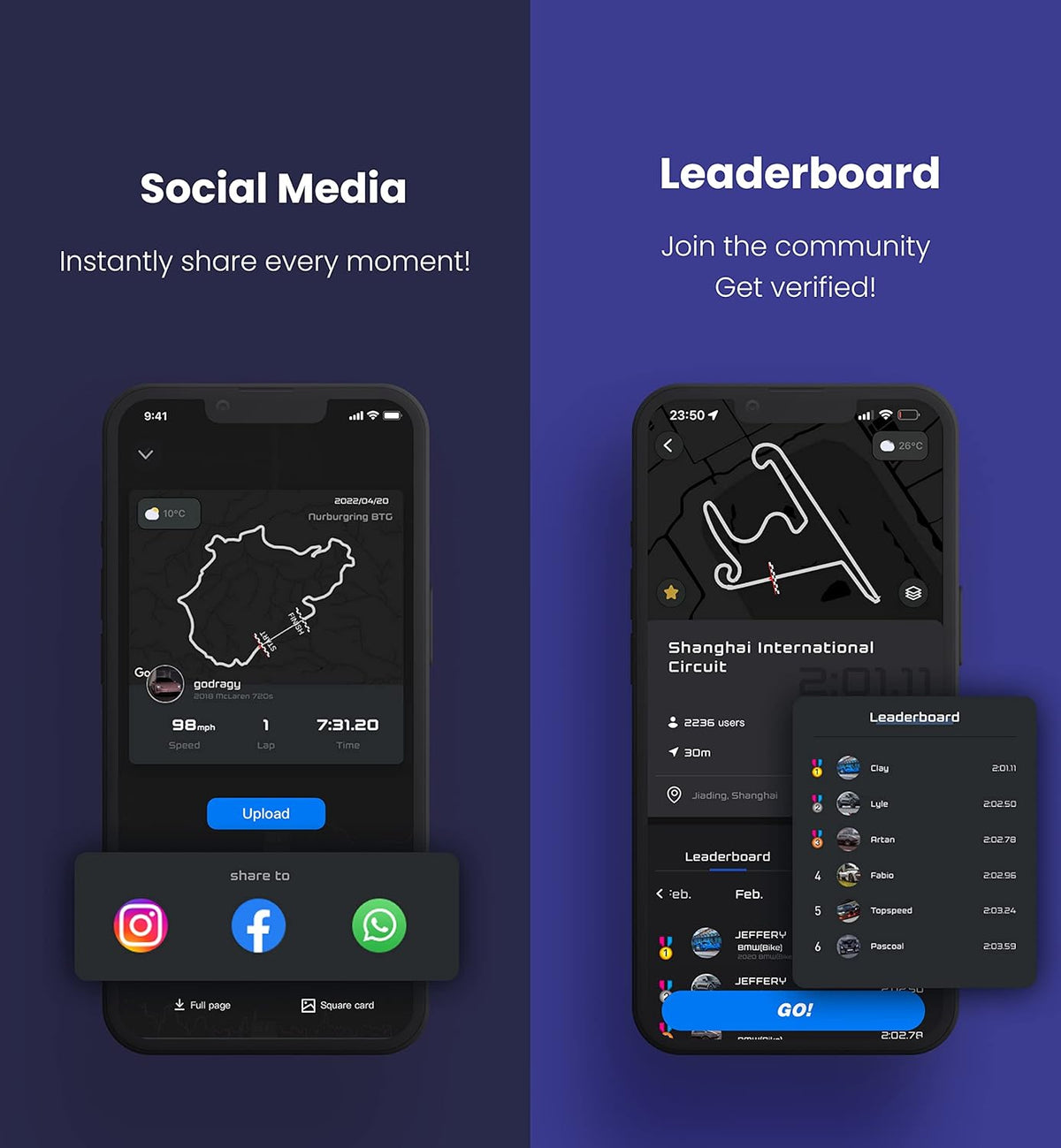 Zwei Smartphones präsentieren die Dragy Performance Box zum Zeitenmessen inkl. Laptimer 10. Generation (DRG70-C) von Dragy: eines zeigt Social Sharing an, während das andere eine Bestenliste und eine 3D-Rennstrecke für verbessertes Renntracking bietet.