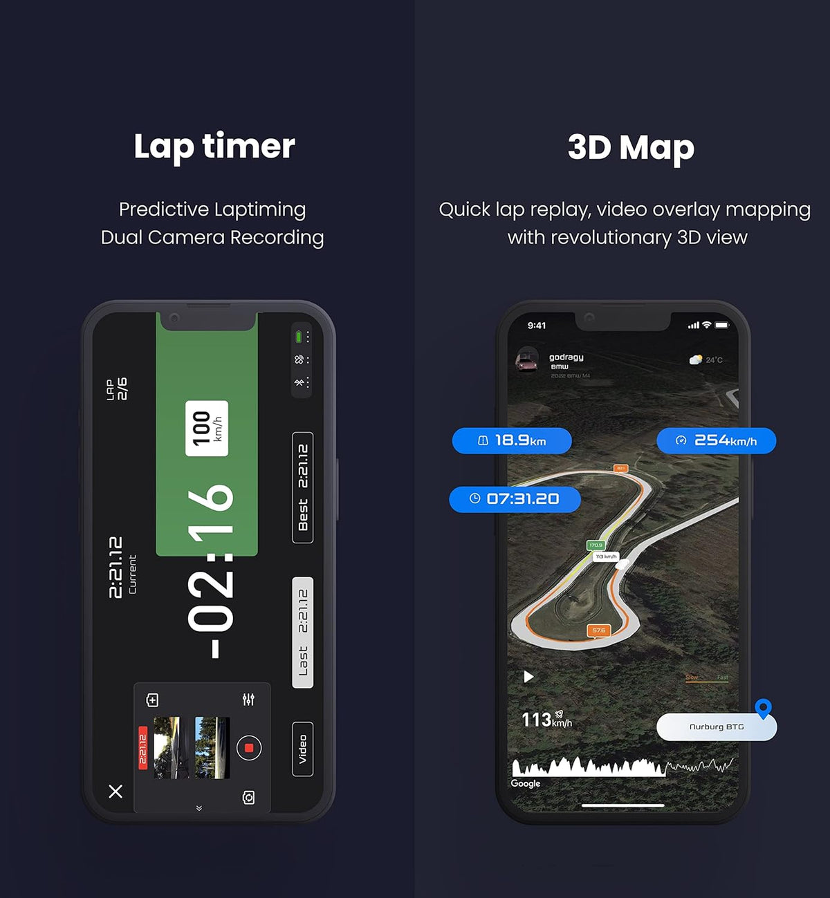 Zwei Smartphones zeigen einen Rundentimer und eine 3D-Streckenkarte mit Geschwindigkeits- und Zeitdaten der Dragy Performance Box zum Zeiten Messen inkl. Laptimer 10. Generation (DRG70-C) von Dragy auf der Rennstrecke zur Motorsportanalyse.