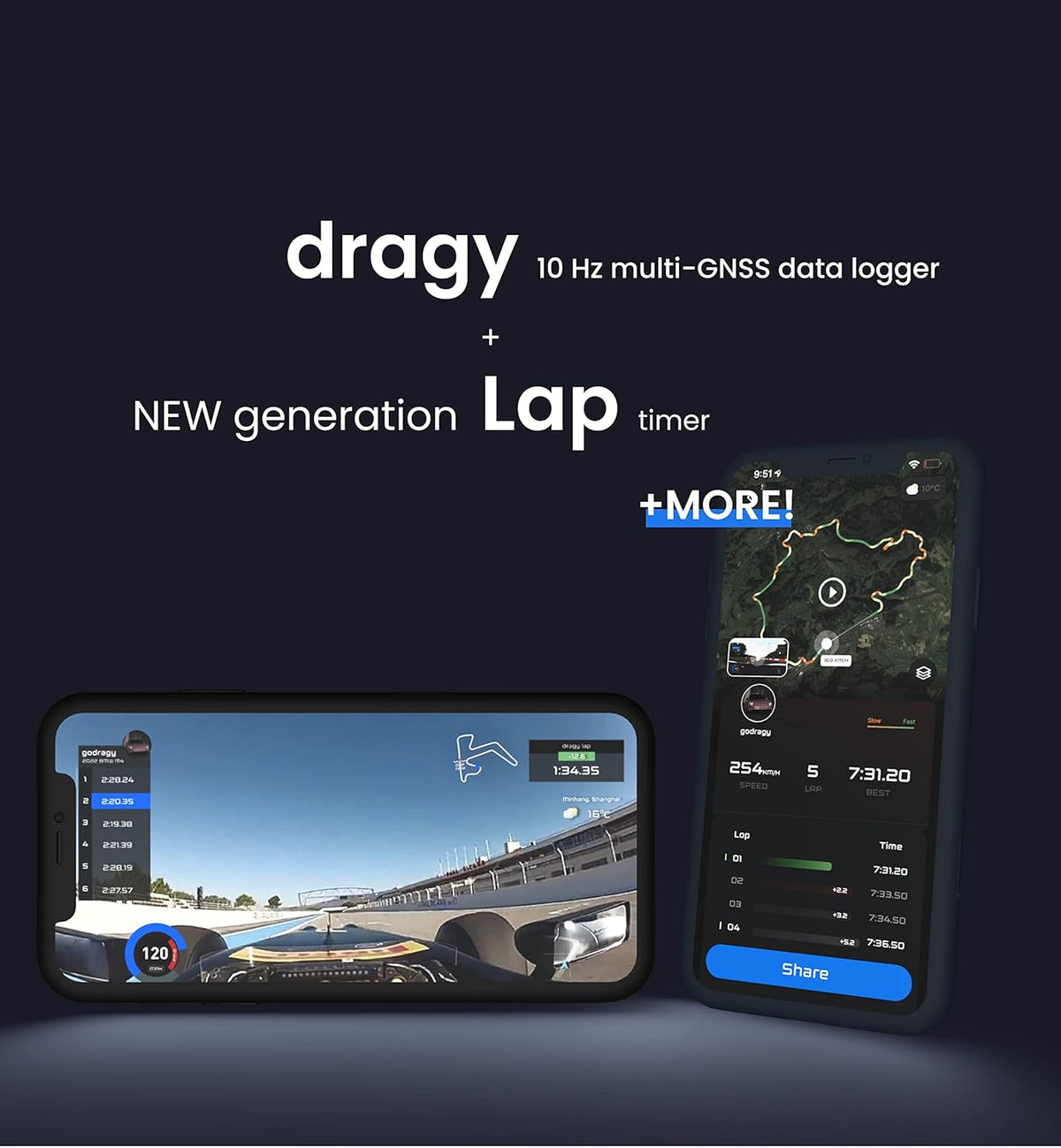 Zwei Smartphones zeigen Rundenzeiten und 3D-Karten, beworben wird das Dragy Performance Box zum Zeiten Messen inkl. Laptimer 10. Generation (DRG70-C) von Dragy.