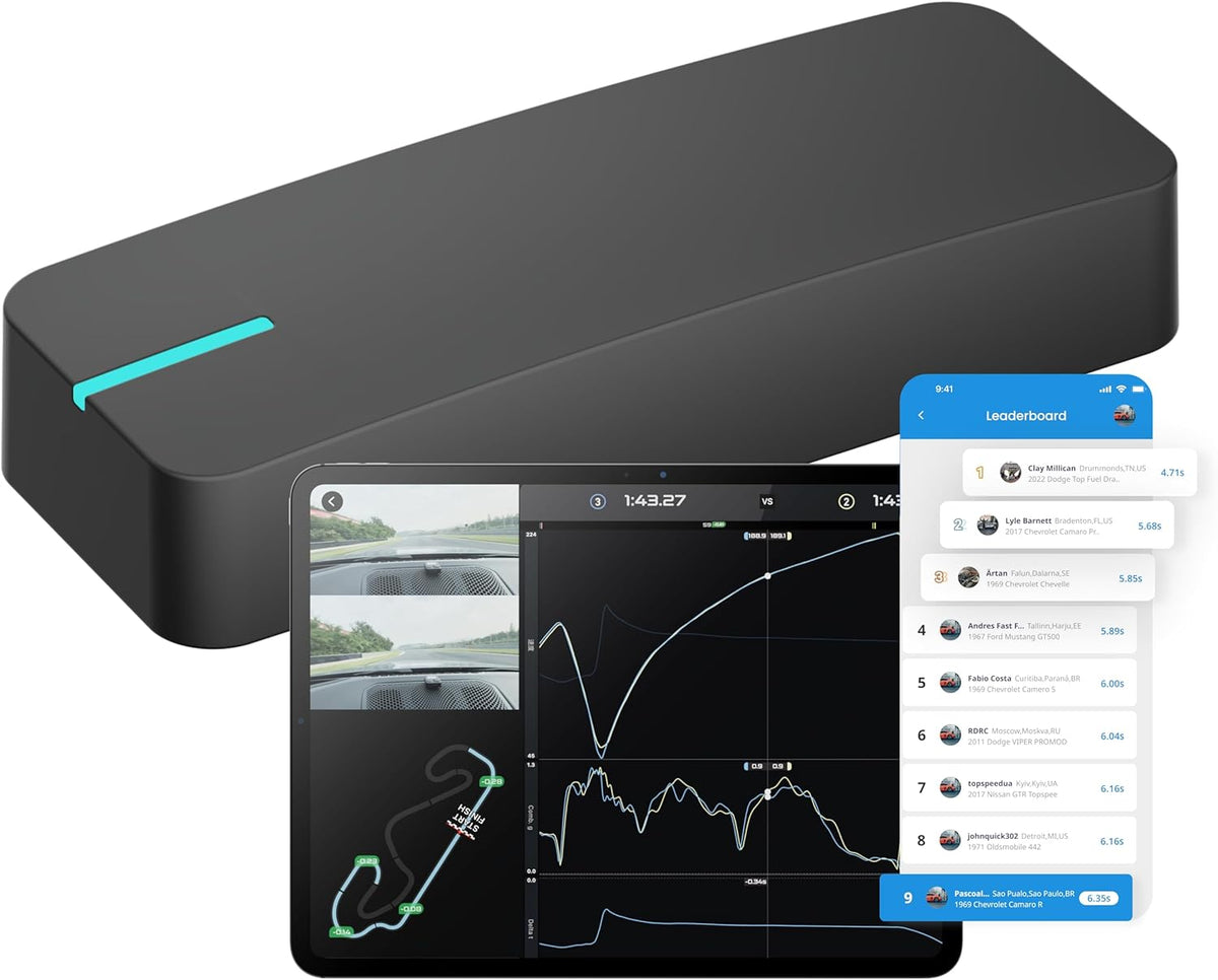 Dragy Performance Box zum Zeiten Messen inkl. Laptimer 10. Generation (DRG70-C) von Dragy, gezeigt mit Tablet für Fahrdaten und Smartphone-Leaderboard – ideal zur Analyse auf der Rennstrecke.