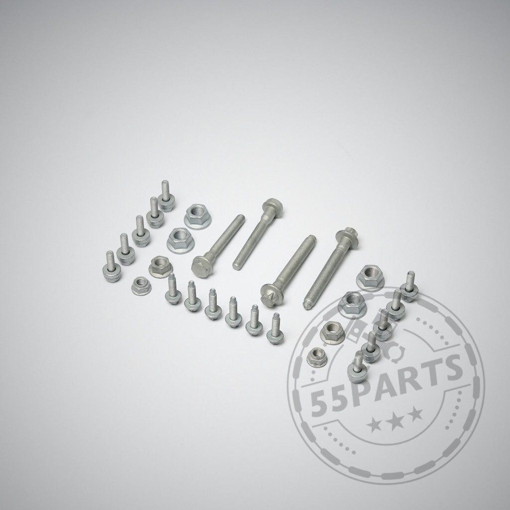 Einbauset Schraubenset Fahrwerk passend für BMW F80 M3, F82/3 M4, F87 M2 inkl. Sondermodelle – inklusive Schrauben, Muttern und Unterlegscheiben auf grauem Hintergrund. Perfekt als Einbaukit geeignet.