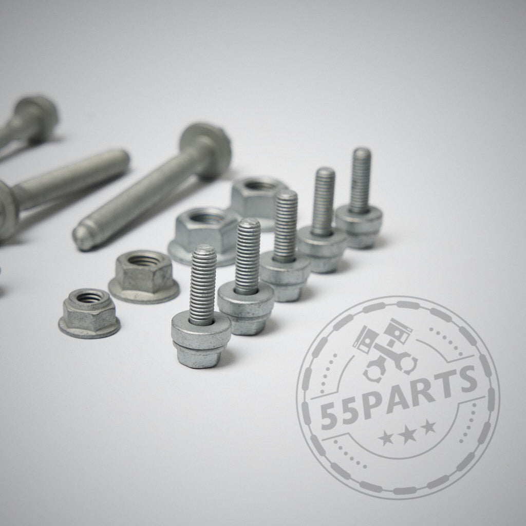 Einbauset Schraubenset Fahrwerk passend für BMW F80 M3, F82/3 M4, F87 M2 inkl. Sondermodelle – inklusive Schrauben, Muttern und Unterlegscheiben auf grauem Hintergrund. Perfekt als Einbaukit geeignet.