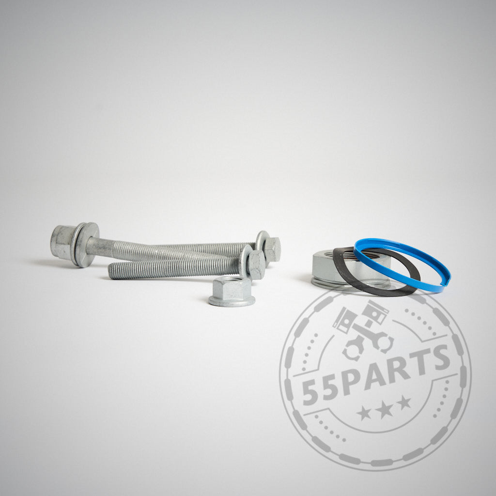 Einbauset Schraubenset Sperrdifferential passend für fast alle BMW Modelle: Zwei Metallbolzen, Muttern, Unterlegscheiben und zwei Gummidichtungen auf weißem Hintergrund mit 55Parts-Logo.