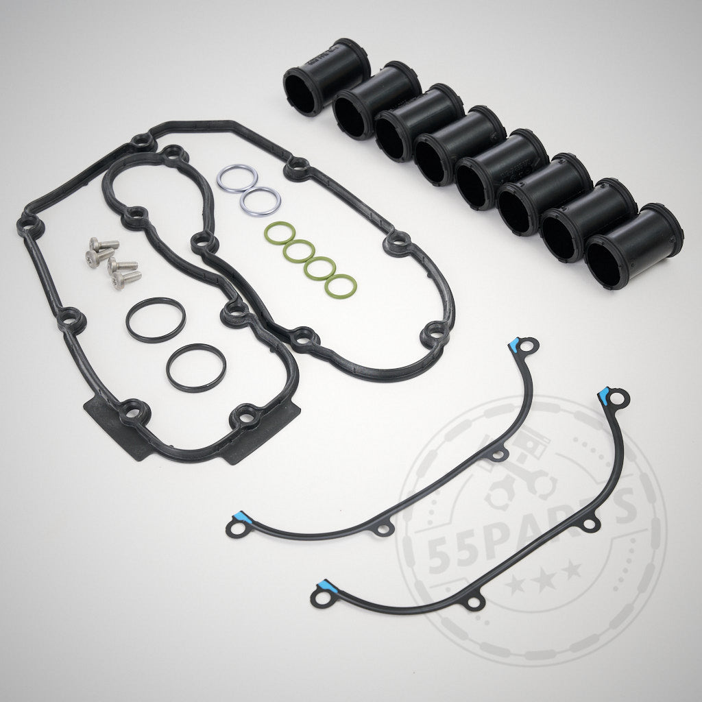 55Parts Exclusive Einbauset Ventildeckel passend für BMW E9x M3 (S65 Motor) inkl. Gummidichtungen, Schrauben und schwarzen Ansaughülsen, abgebildet auf weißem Hintergrund.