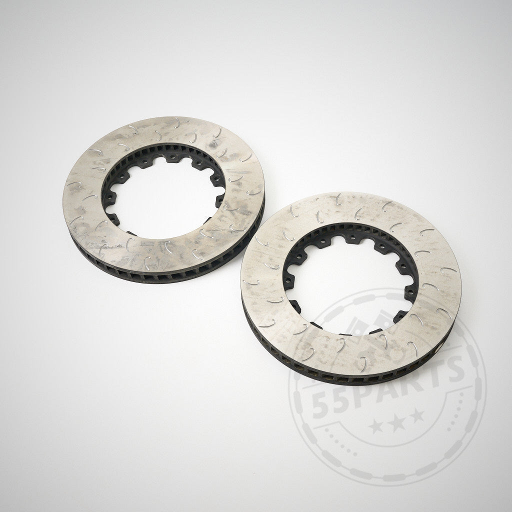 Zwei 55Parts Special: Aftermarket Ersatz-Reibringe J-Hook für AP Racing Bremsanlagen werden nebeneinander auf einem schlichten weißen Hintergrund angezeigt.