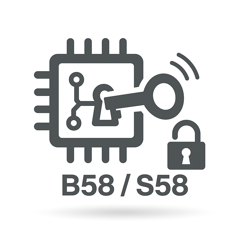 Mikrochip mit Schlüssel- und Schlosssymbol sowie Text „FEMTO Unlock für alle B58 und S58 Modelle nach 06/2020“ von 55Parts, der für fortschrittliche Verschlüsselungstechnologie steht.