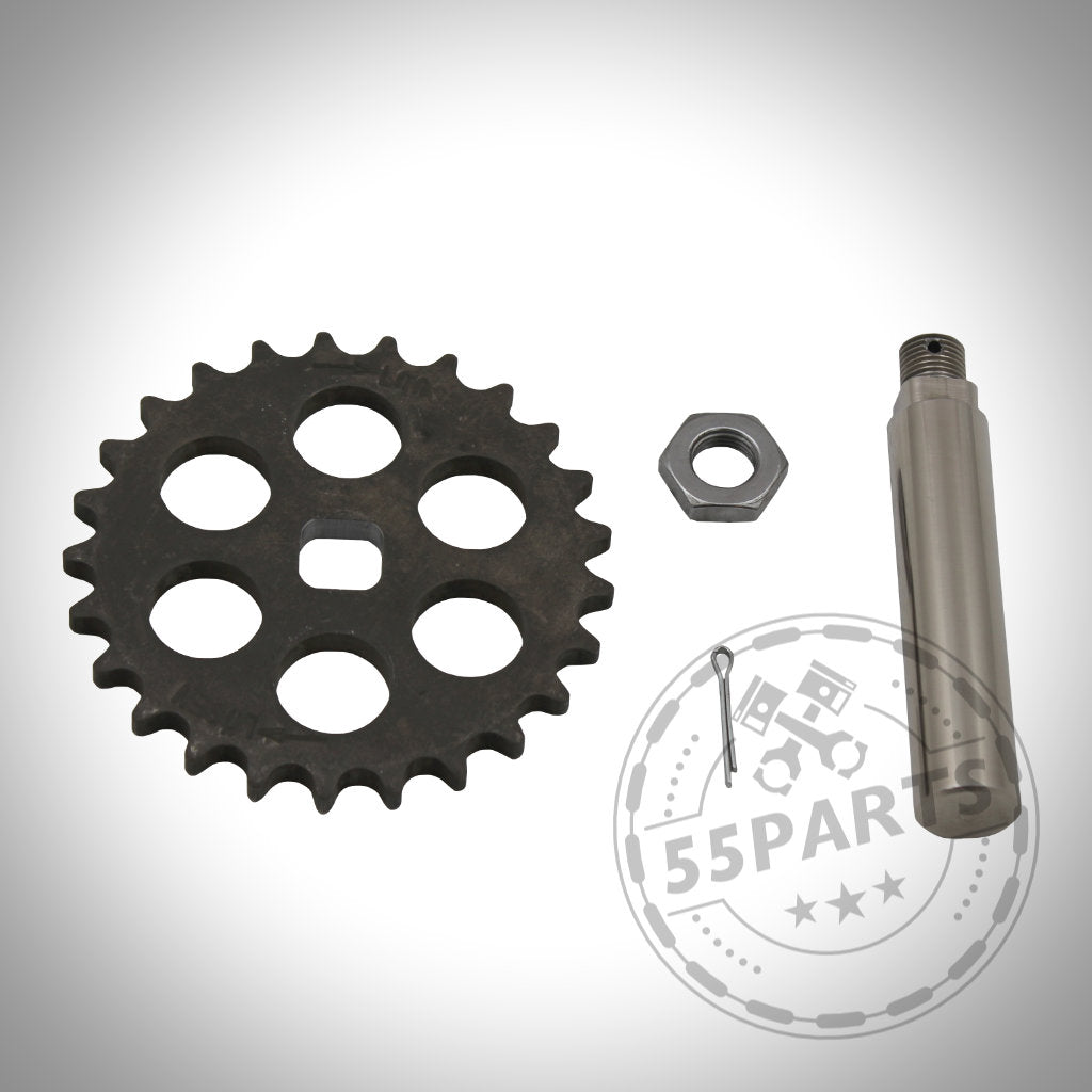 Exklusiv von FTWL Motorsport 55Parts: Ölpumpen-Upgrade-KIT passend für BMW M50, M52 und M54 Modelle. Beinhaltet Metallzahnrad, Sechskantmutter und zylindrische Welle – ideal für Ölpumpen-Baugruppen; weißer Hintergrund mit Wasserzeichen.