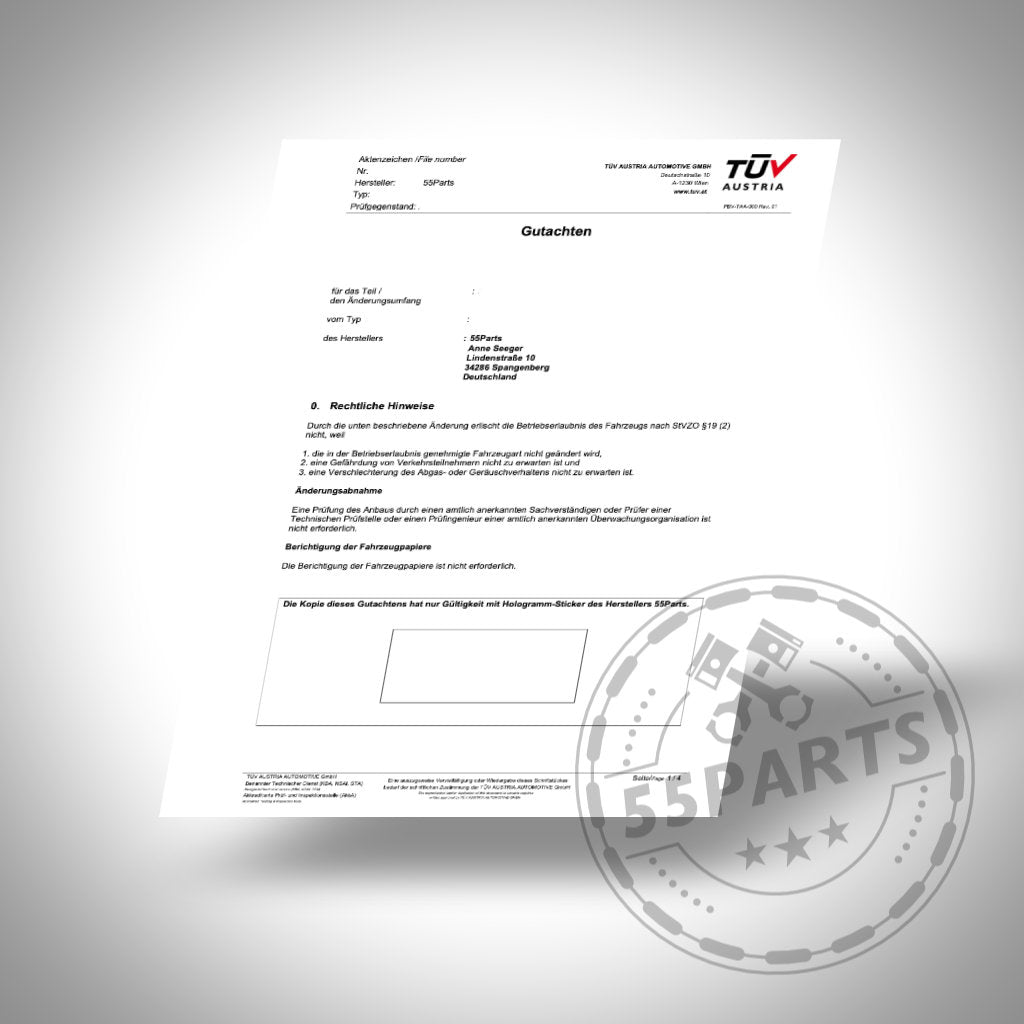 Ein 55Partss Gutachtendokument für das Upgrade Kühlmittelkühler Ladeluftkreislauf (B58 + B48), mit dem TÜV AUSTRIA-Logo und einem halbtransparenten Legalisierungsstempel unten rechts.