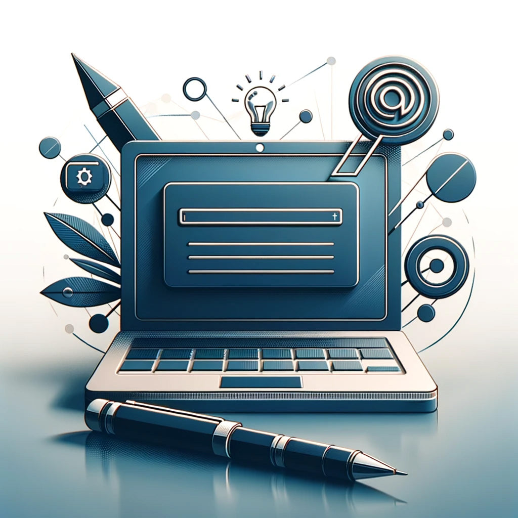 Ein Laptop mit einer Suchleiste, umgeben von Symbolen für Stift, Ausrüstung, E-Mail und Glühbirne für nahtlose Inspiration im Arbeitsablauf.