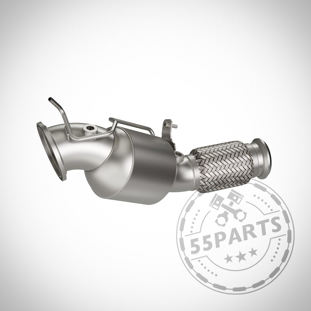 HJS 200 Zeller ECE Downpipe passend für BMW 20i/30i B48 G-Serie OPF und Toyota Supra ab 11/2020, abgebildet in Silber auf weißem Hintergrund mit HJS Downpipe und ECE-Zulassungslogo-Wasserzeichen.