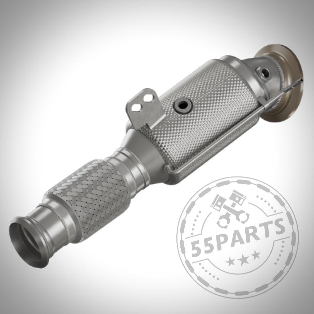 Die HJS ECE Downpipe B58(TU) ist ein silbernes Auspuffteil mit Mesh-Abschnitt, konzipiert für strömungsoptimierte Downpipe-Setups, passend für BMW G-Serie M240, M340i, 540i, 640i, 740i, 840i, Z4 und A90 Supra mit Wulstverbinder.