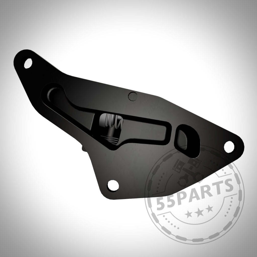 Verbesserter Racing-Ölthermostat-Einsatz 85 Grad aus schwarzem Metall passend für BMW-Kühlsysteme, mit drei Befestigungslöchern, dargestellt auf einem weißen Hintergrund mit Farbverlauf und einem 55Parts-Stempel.