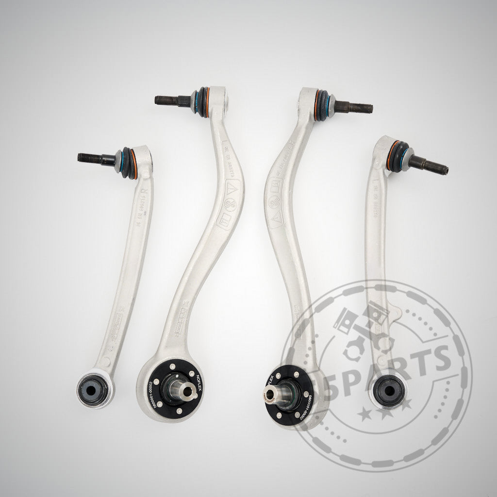 Vier silberne 55Parts M2/3/4 Fahrwerkskomponenten (mit NoFlex-Lagern) Vorderachs-Upgrade-Querlenker passend für BMW 1er/2er F2x, 3er F3x, auf hellem Hintergrund dargestellt – eine perfekte Wahl für Ihr nächstes Upgrade.