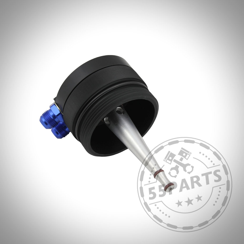 Schwarz-silberne FTWL Motorsport Adapterkappe externer Ölkühler- AN10 + 1,8" NPT passend für BMW M52/M52TU/M54 aus CNC gefrästem Aluminium, mit blauen Anschlüssen auf weißem Hintergrund und BMW Kühlsysteme Logo.