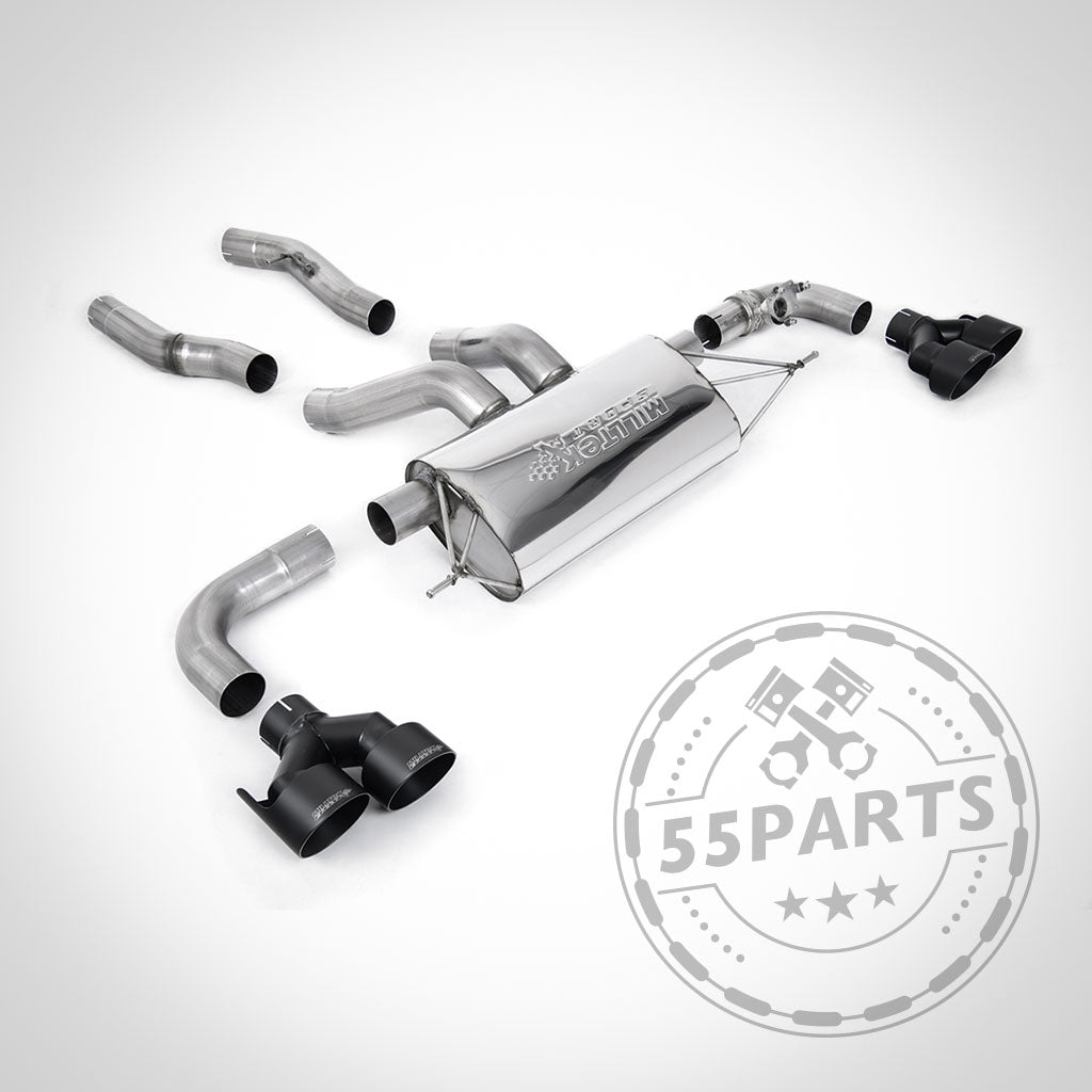 Die Milltek Abgasanlage ab OPF mit ECE passend für BMW G42 M240i, inklusive Rohre, Endschalldämpfer und 3" Endrohrblenden, wird neben dem 55Parts Logo präsentiert.