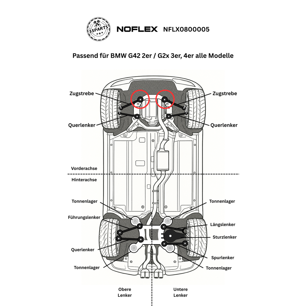 NoFlex Bearings: schematische Darstellung der Einbauposition – BMW G2x/G4x Zugstrebenlager.
