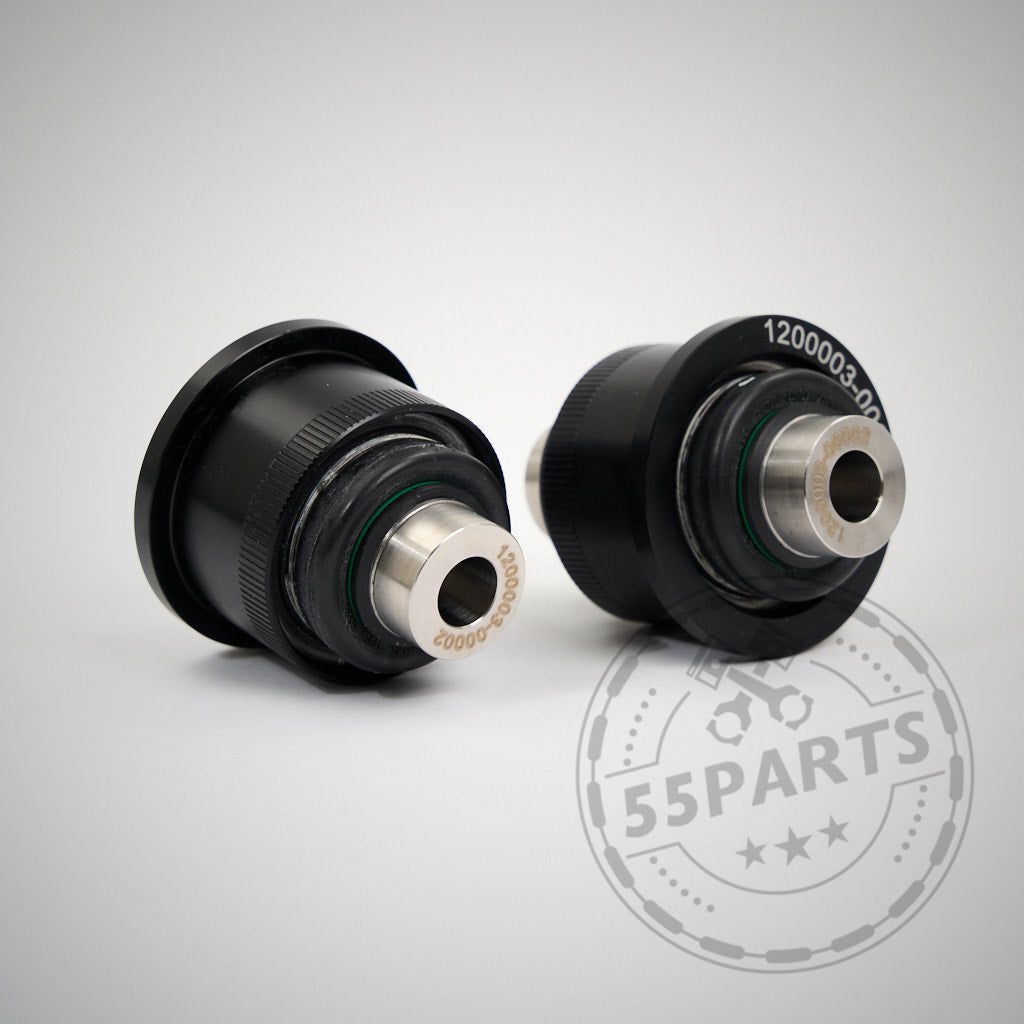 Zwei schwarz-silberne NoFlex-Lager (Uniball-Lager) mit grünen Ringen, konzipiert passend für BMW 2er, 3er, 4er, Z4 G-Serie (inkl. xDrive) und Toyota Supra GR, dargestellt auf einer weißen Oberfläche – ideal für Fahrwerk-Optimierungen.