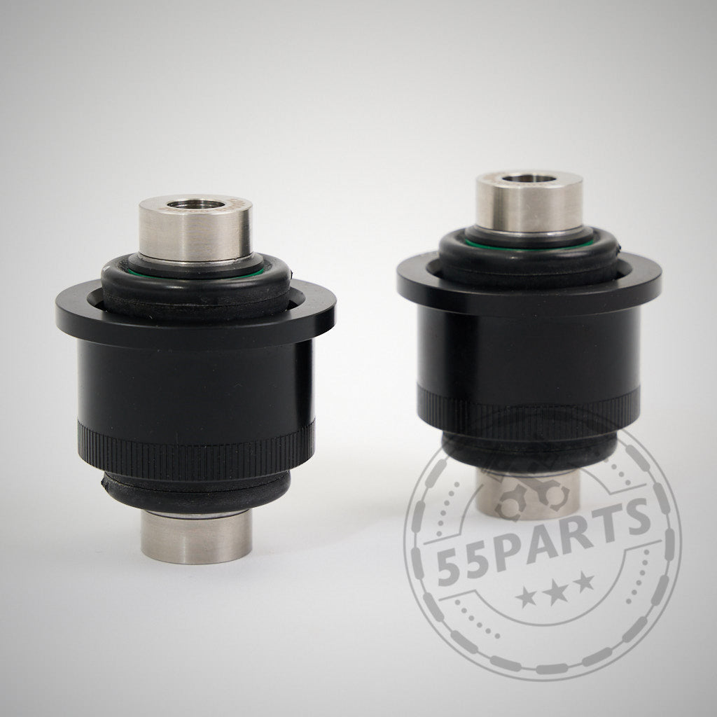 Zwei schwarz-silberne NoFlex-Lager: Uniball Lager vorderer Querlenker, passend für BMW 2er/3er/4er/Z4 G-Serie (G2x, G4x) inkl. xDrive und Toyota Supra GR (alle Motoren), mit dem 55Parts-Logo-Wasserzeichen unten rechts.