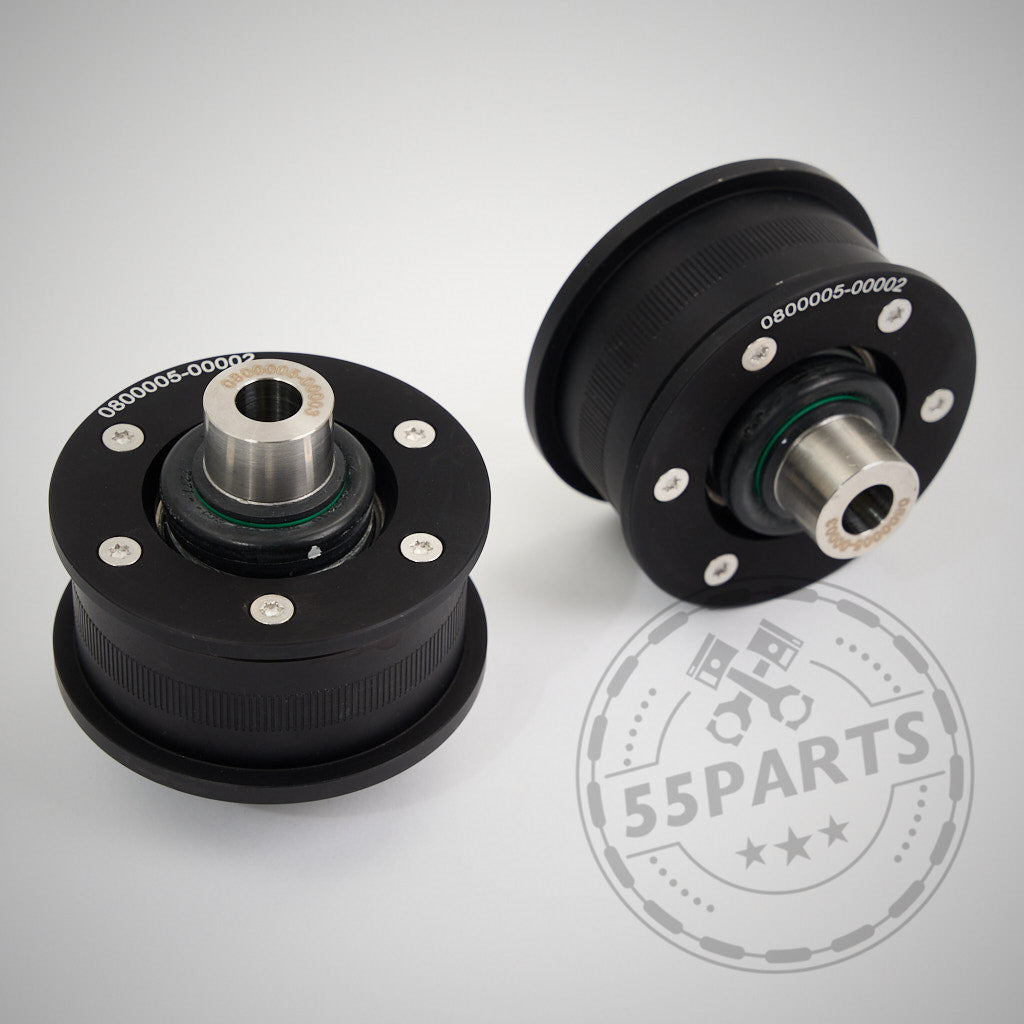 Zwei schwarze NoFlex Bearings Uniball Lager mit Metallkern, passend für BMW 2er, 3er, 4er, Z4 G-Serie (G2x, G4x), xDrive und Toyota Supra GR – alle Motorisierungen – sind auf einer hellen Fläche abgebildet. Ideal für Fahrwerk oder Modifikationen.