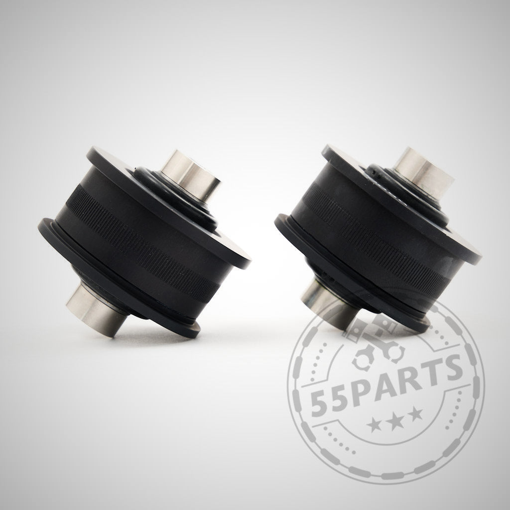 Zwei schwarze zylindrische Mechanikteile mit Metallenden sind NoFlex-Lager: Uniball Lager vordere Zugstrebe, passend für BMW 1er E8x, 3er E9x, Z4 E89, M2 F87 und M3/4 F8x.