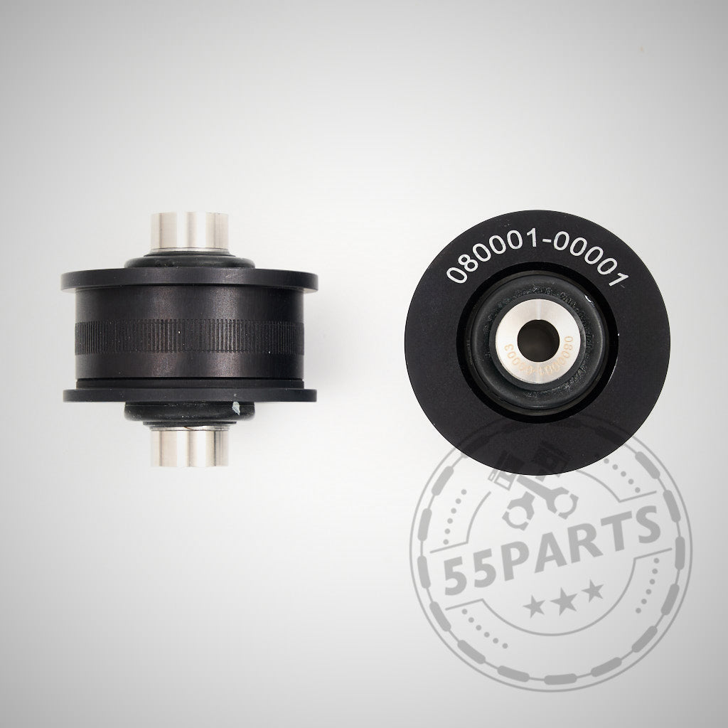 Zwei schwarze NoFlex-Lager: Uniball Lager vordere Zugstrebe, seitlich und oben auf hellem Hintergrund mit Wasserzeichen abgebildet. Perfekt für Fahrwerk-Modifikationen oder Aufrüstungen von Achslagerungen im BMW 1er E8x, 3er E9x, Z4 E89, M2 F87, M3/4 F8x.