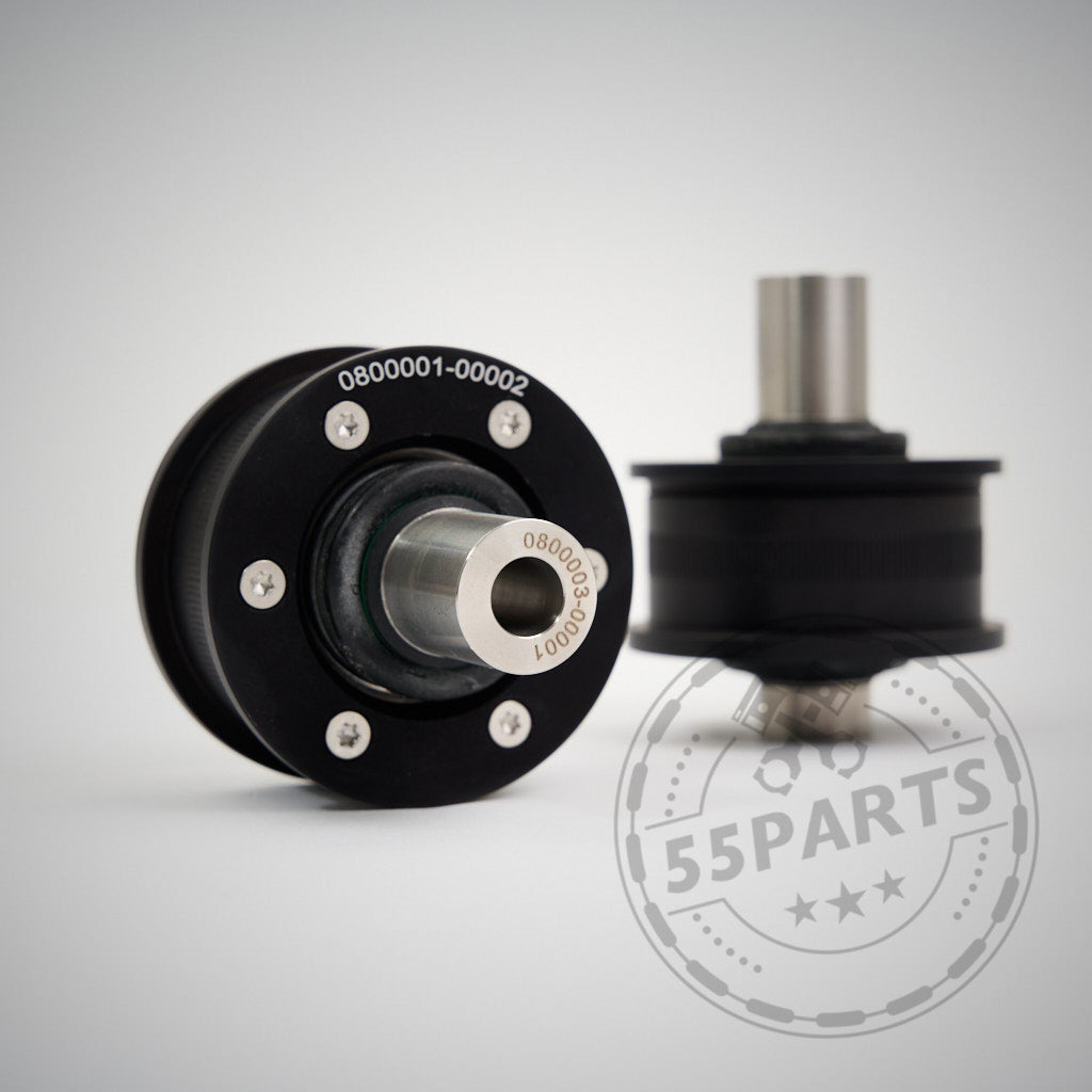 Zwei schwarze NoFlex-Lager (Uniball Lager vordere Zugstrebe) mit silbernem Mittelpunkt, gekennzeichnet mit 0800001-00002, passend für BMW 1er, 2er, 3er, 4er F-Serie (F2x, F3x) inkl. xDrive-Modelle und alle Motorisierungen, abgebildet auf hellem Hintergrund.