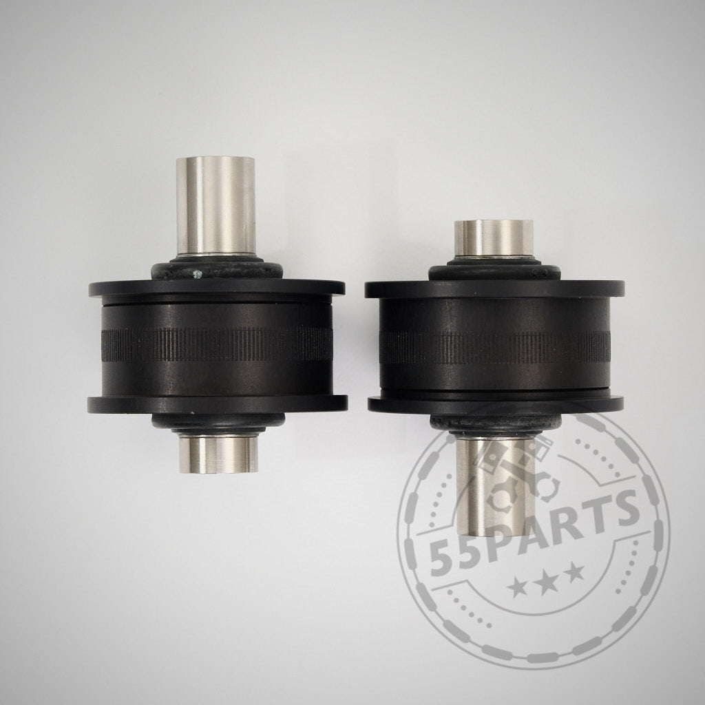 Zwei schwarze NoFlex-Lager (Uniball Lager), konzipiert für die BMW 1er–4er F-Serie (F2x, F3x) inkl. xDrive und alle Motorisierungen, werden nebeneinander auf hellem Hintergrund dargestellt.