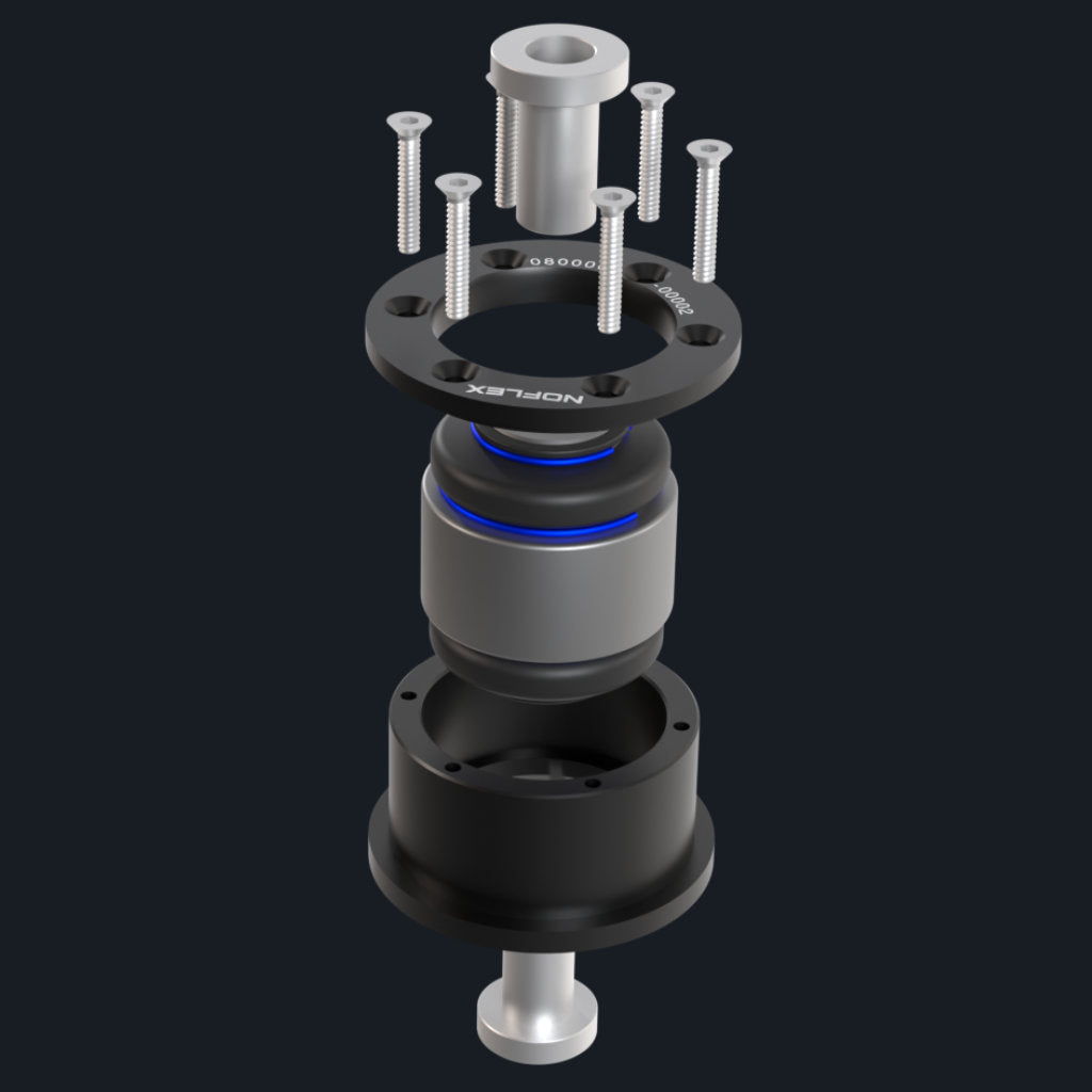 Explosionsansicht einer mechanischen Baugruppe mit Schrauben, Ringen und zylindrischen Komponenten auf dunklem Hintergrund, die die Präzisionstechnik hervorhebt.