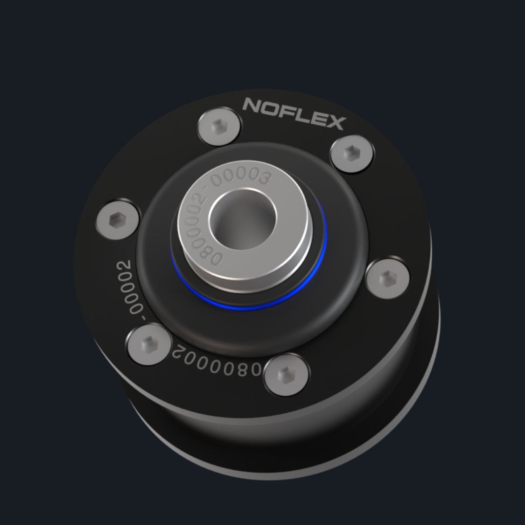 Schwarz-silbernes mechanisches Teil mit der Bezeichnung NOFLEX, mit Schrauben und eingravierten Seriennummern zur genauen Identifizierung.