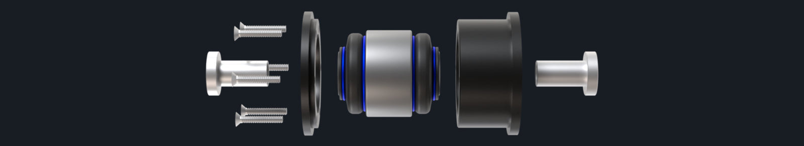 Explosionsansicht einer mechanischen Lagerbaugruppe mit metallischen und schwarzen zylindrischen Präzisionskomponenten auf dunklem Hintergrund.