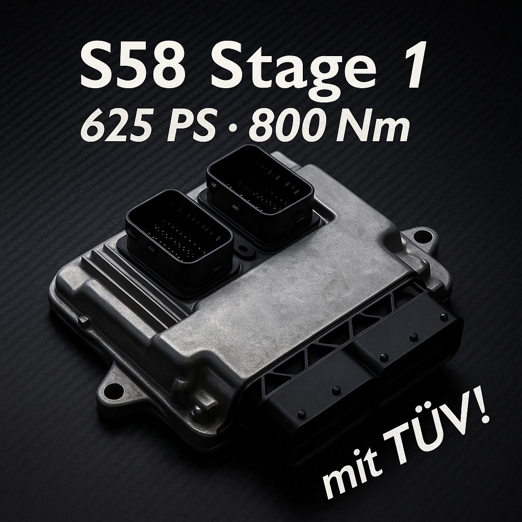 Ein silbernes Auto-Steuergerät mit &quot;S58 Stage 1, 625 PS, 800 Nm, mit TÜV!&quot; auf dunklem Hintergrund, das 55Parts Legales Tuning hervorhebt: Stage 1 für S58 mit TÜV-Map (BMW G87 M2, G80/G81 M3, G82/G83 M4, X3M/X4M), TÜV-konforme Leistungssteigerung.